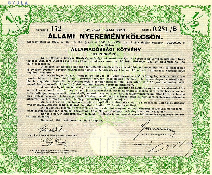 Nyereménykölcsön kötvénye (Erkel Ferenc Múzeum CC BY-NC-SA)