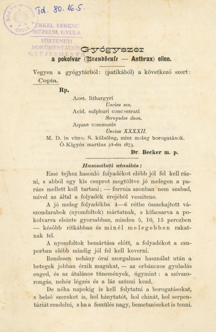 Gyógyszer leírása és használata (Erkel Ferenc Múzeum CC BY-NC-SA)