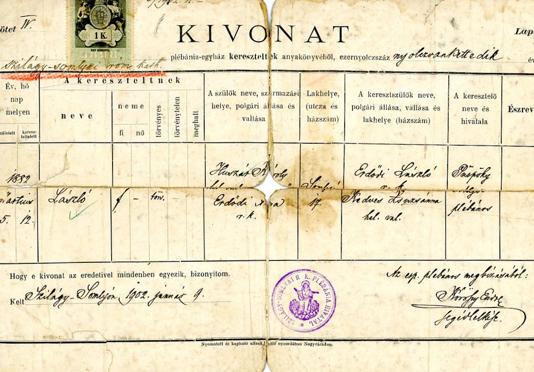 Születési anyakönyvi kivonat (Erkel Ferenc Múzeum CC BY-NC-SA)