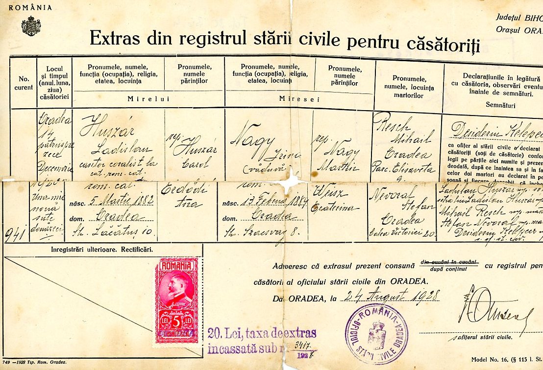 Házassági anyakönyvi kivonat (Erkel Ferenc Múzeum CC BY-NC-SA)