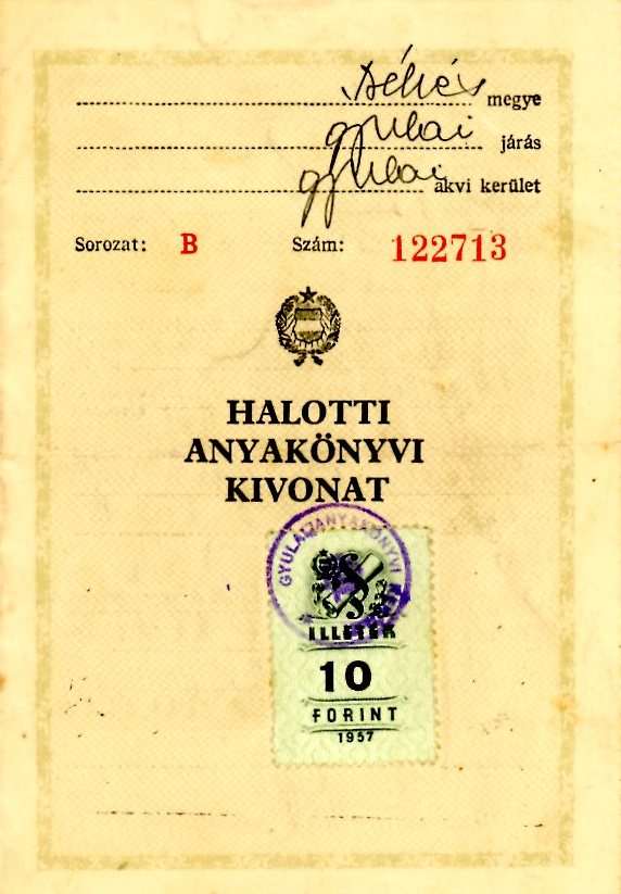 Halotti anyakönyvi kivonat (Erkel Ferenc Múzeum CC BY-NC-SA)