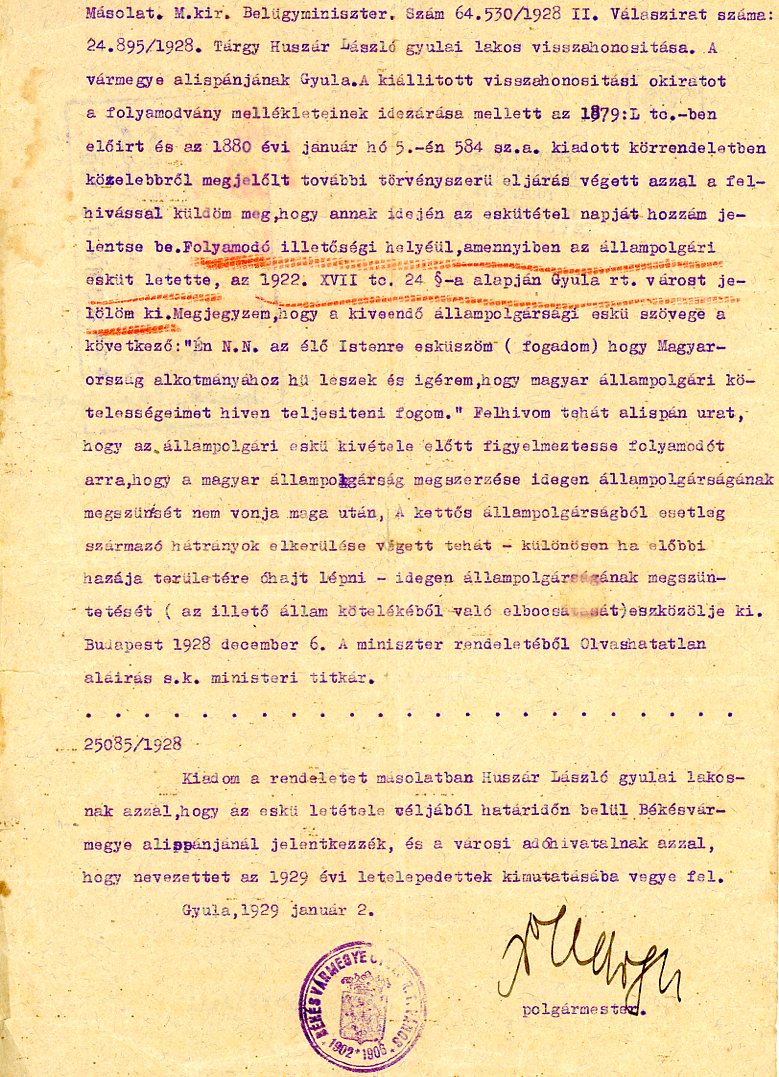 Visszahonosítási okirat   Másolat (Erkel Ferenc Múzeum CC BY-NC-SA)
