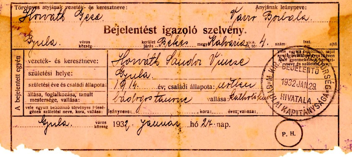 Bejelentést igazoló szelvény (Erkel Ferenc Múzeum CC BY-NC-SA)