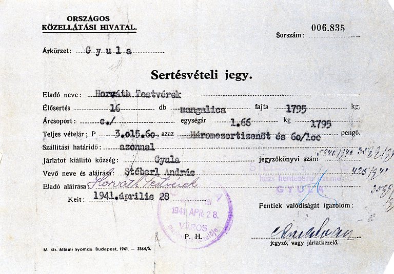 Sertésvételi jegy (Erkel Ferenc Múzeum CC BY-NC-SA)