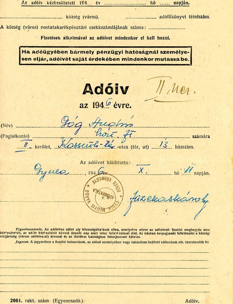 Adóív (Erkel Ferenc Múzeum CC BY-NC-SA)