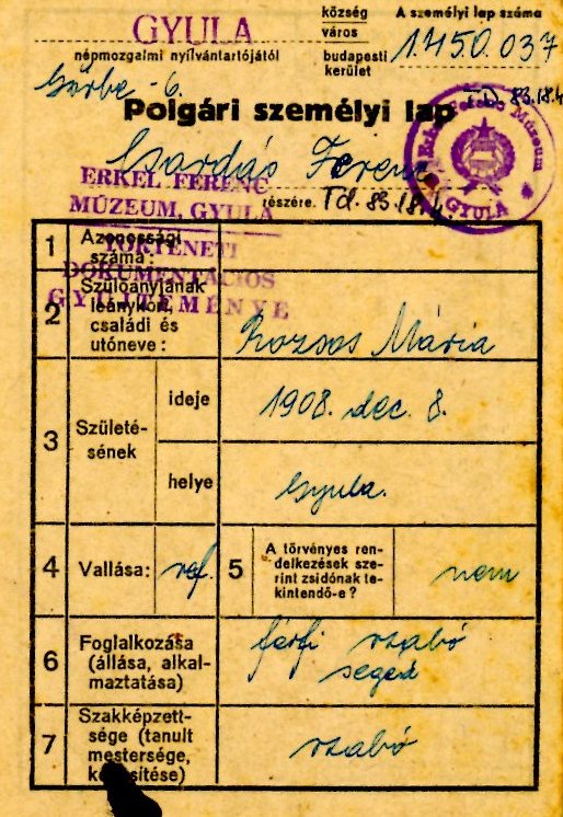 Polgári személyi lap (Erkel Ferenc Múzeum CC BY-NC-SA)