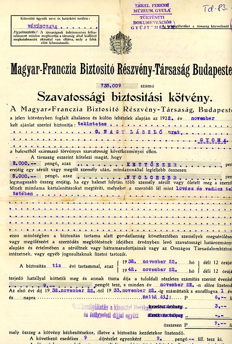 Biztosítási kötvény (Erkel Ferenc Múzeum CC BY-NC-SA)