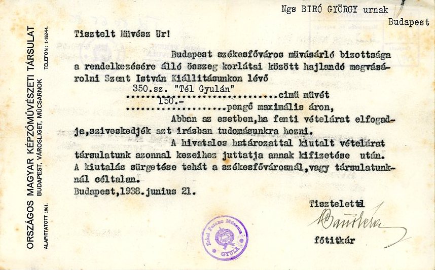 Értesítő levél (Erkel Ferenc Múzeum CC BY-NC-SA)