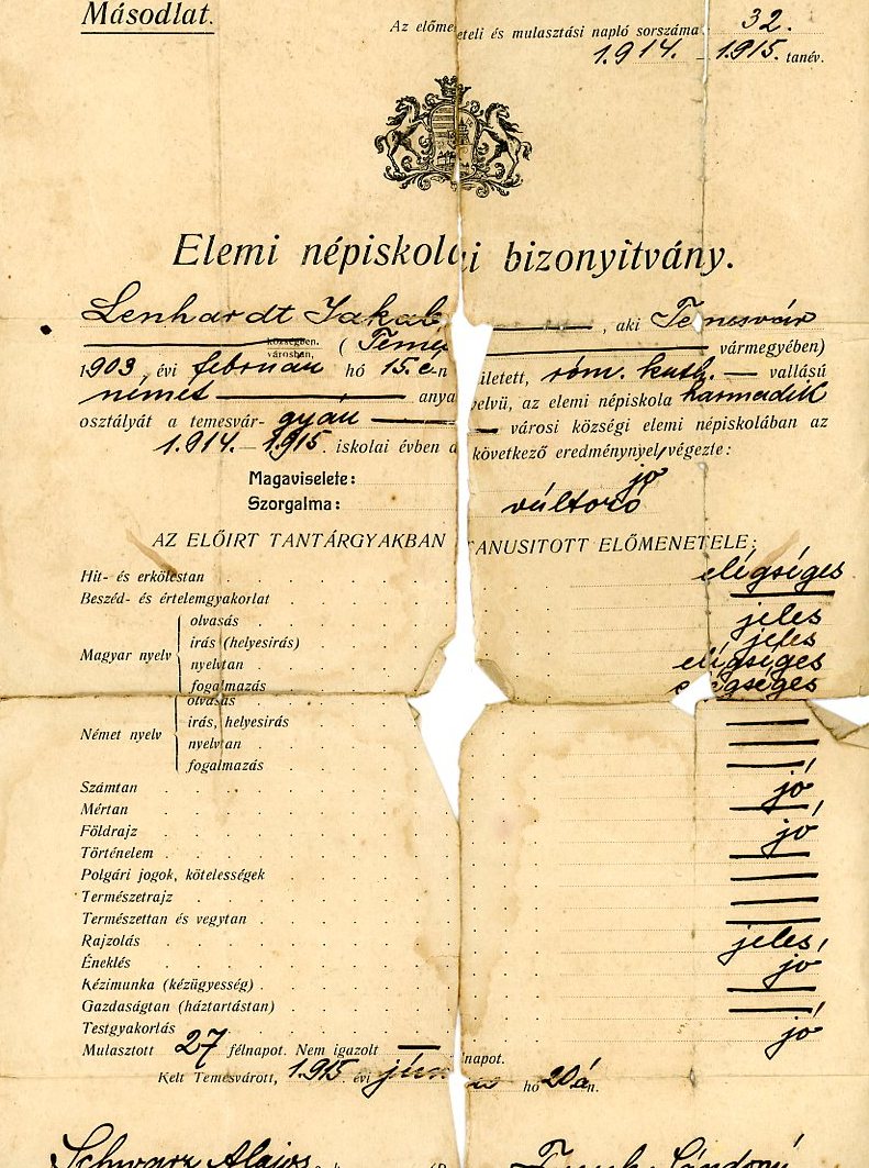 Népiskolai bizonyítvány (Erkel Ferenc Múzeum CC BY-NC-SA)