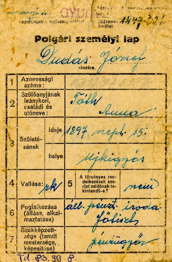 Polgári személylap (Erkel Ferenc Múzeum CC BY-NC-SA)