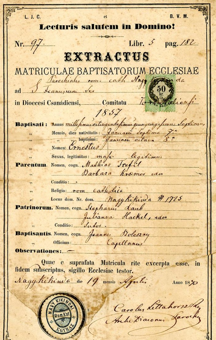 Keresztelési levél (Erkel Ferenc Múzeum CC BY-NC-SA)