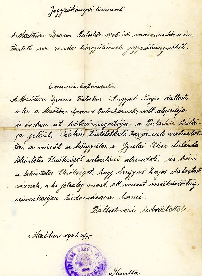 Jegyzőkönyvi kivonat (Erkel Ferenc Múzeum CC BY-NC-SA)