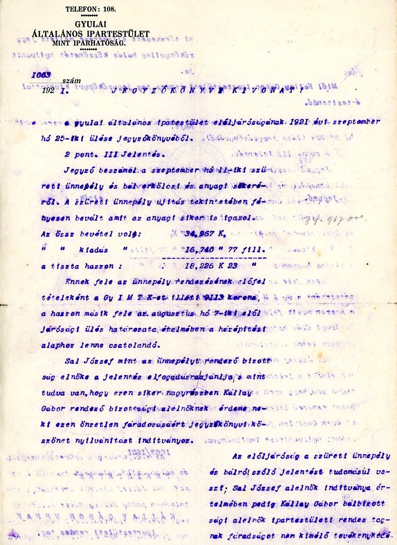 Jegyzőkönyv-kivonat (Erkel Ferenc Múzeum CC BY-NC-SA)