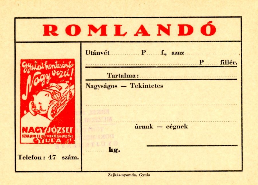 Szállítási jegy (Erkel Ferenc Múzeum CC BY-NC-SA)