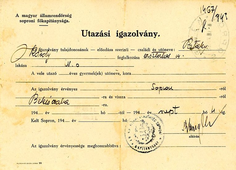 Utazási igazolvány (Erkel Ferenc Múzeum CC BY-NC-SA)