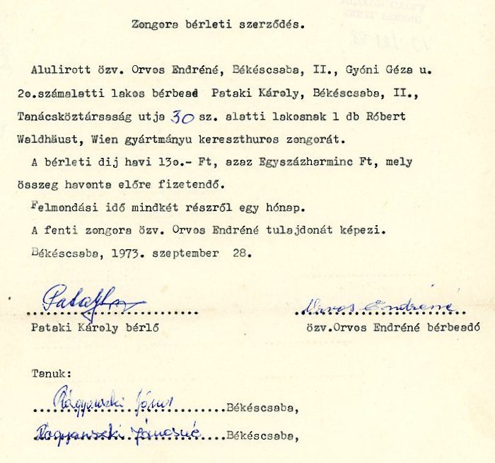 Bérleti szerződés (Erkel Ferenc Múzeum CC BY-NC-SA)