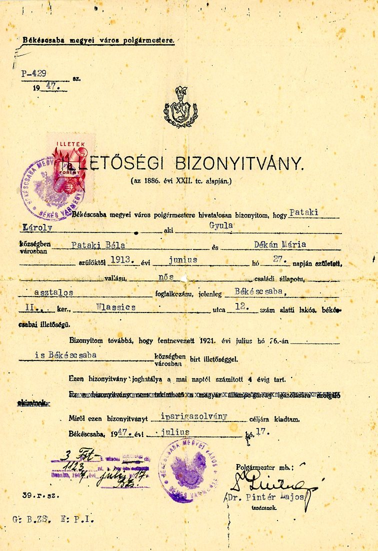 Illetőségi bizonyítvány (Erkel Ferenc Múzeum CC BY-NC-SA)