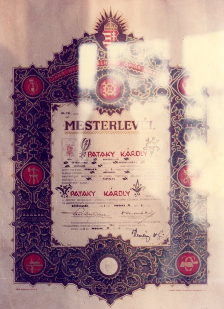 Mesterlevél (fotómásolat) -színes- (Erkel Ferenc Múzeum CC BY-NC-SA)
