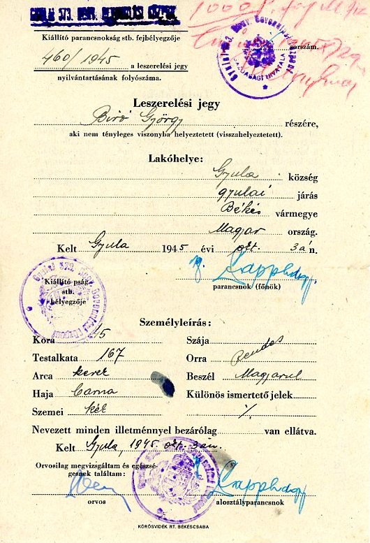 Leszerelési jegy (Erkel Ferenc Múzeum CC BY-NC-SA)