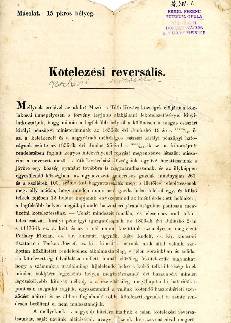 Kötelezési reversális (Erkel Ferenc Múzeum CC BY-NC-SA)