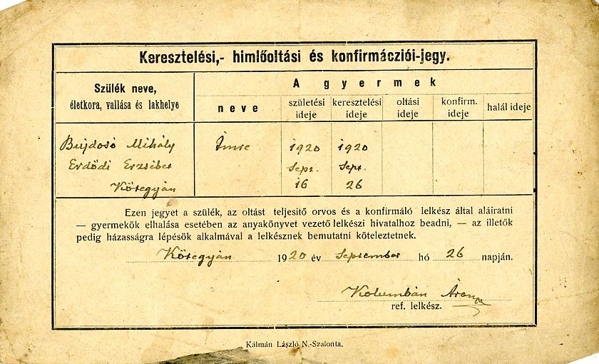 Keresztelési- Himlőoltási és Konfirmációi jegy (Erkel Ferenc Múzeum CC BY-NC-SA)