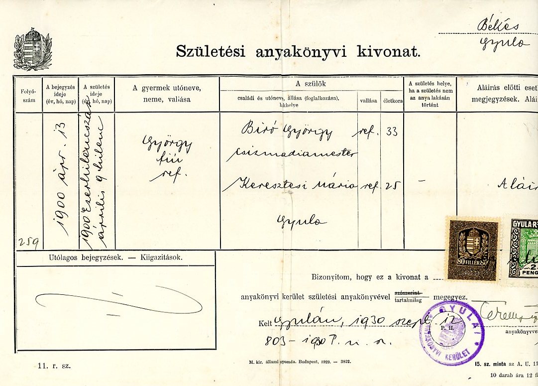 Anyakönyvi kivonat (Erkel Ferenc Múzeum CC BY-NC-SA)