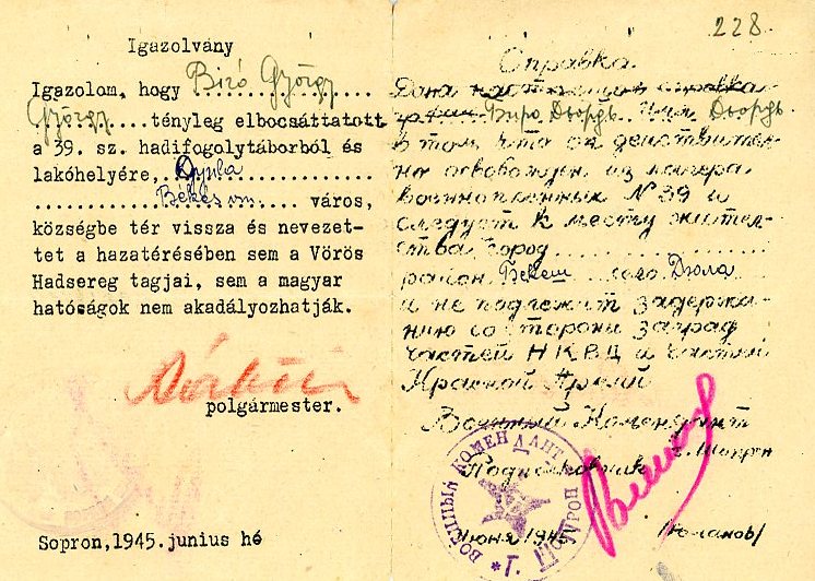 Aradi fogoly - igazolvány (Erkel Ferenc Múzeum CC BY-NC-SA)