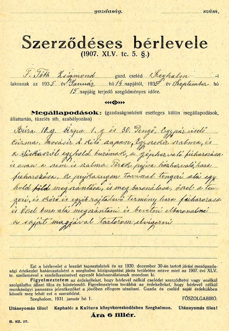 Szerződéses bérlevél és nyugta (Erkel Ferenc Múzeum CC BY-NC-SA)