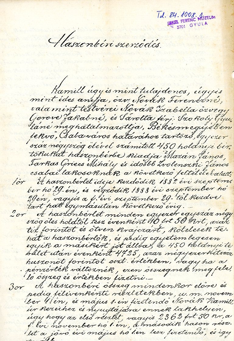 Haszonbéri szerződés (Erkel Ferenc Múzeum CC BY-NC-SA)