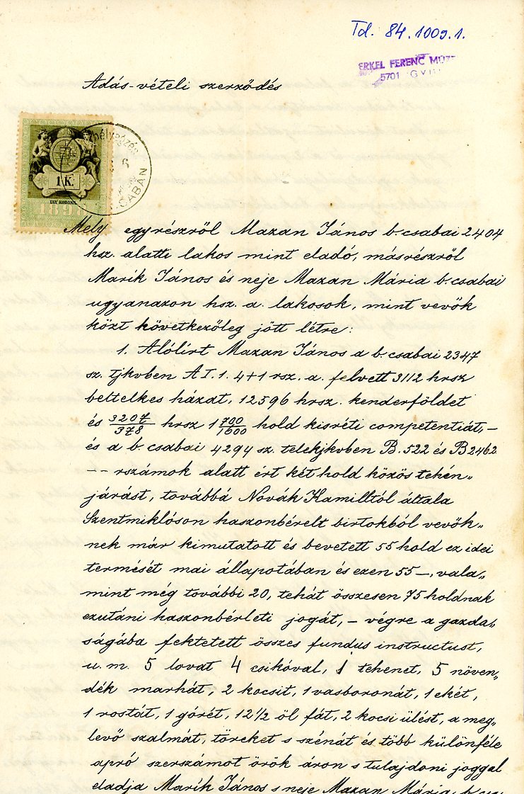 Adás-vételi szerződés (Erkel Ferenc Múzeum CC BY-NC-SA)