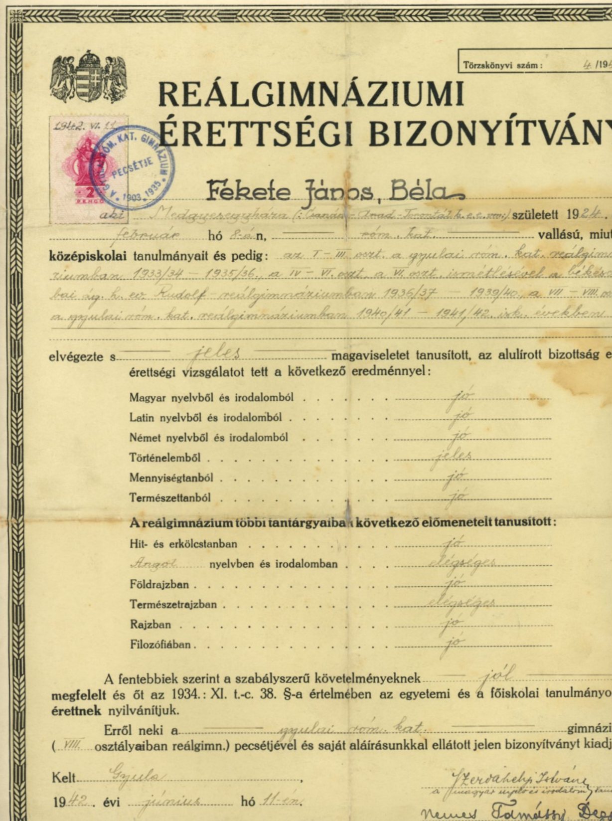 Érettségi bizonyítvány (Erkel Ferenc Múzeum CC BY-NC-SA)