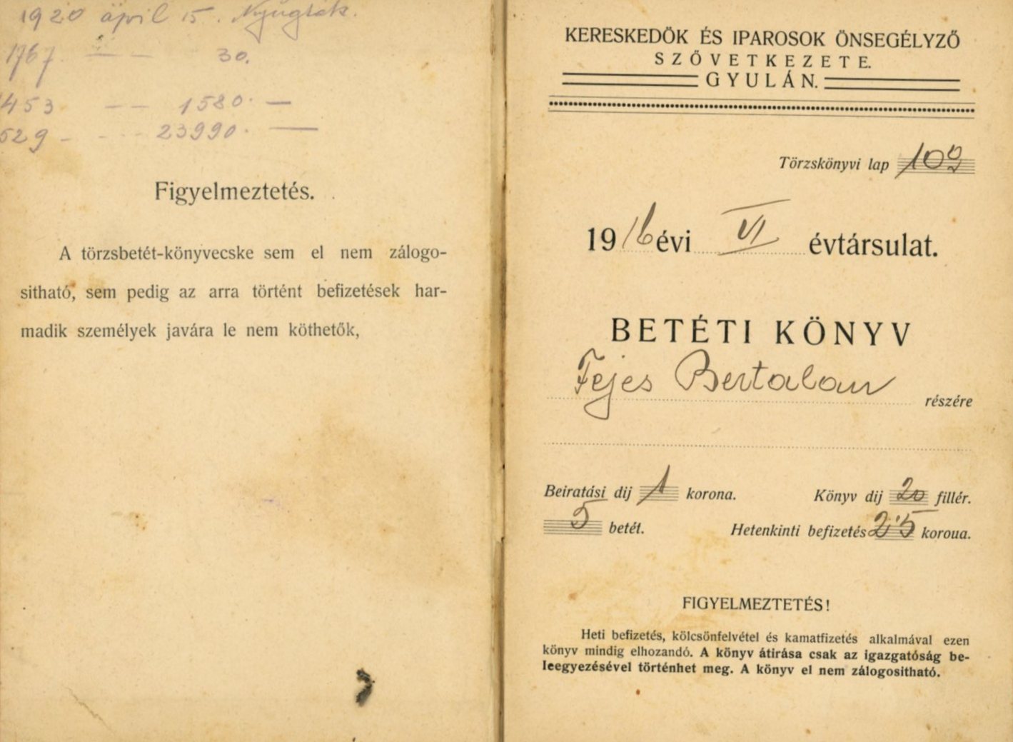 Betéti könyv (Erkel Ferenc Múzeum CC BY-NC-SA)