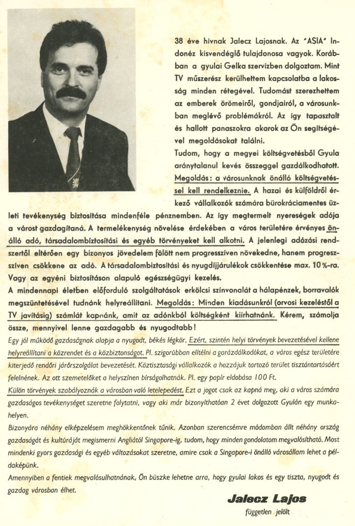 Független képviselőjelölt szórólapja (Erkel Ferenc Múzeum CC BY-NC-SA)