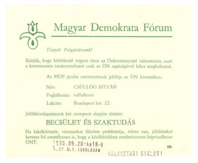 MDF szórólap gyulai jelöltekről (Erkel Ferenc Múzeum CC BY-NC-SA)