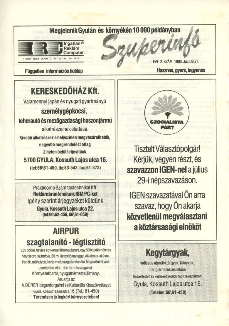 Hirdetési újság : Szuperinfó (Erkel Ferenc Múzeum CC BY-NC-SA)