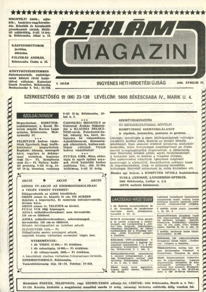 Hirdetési újság : Reklám magazin (Erkel Ferenc Múzeum CC BY-NC-SA)