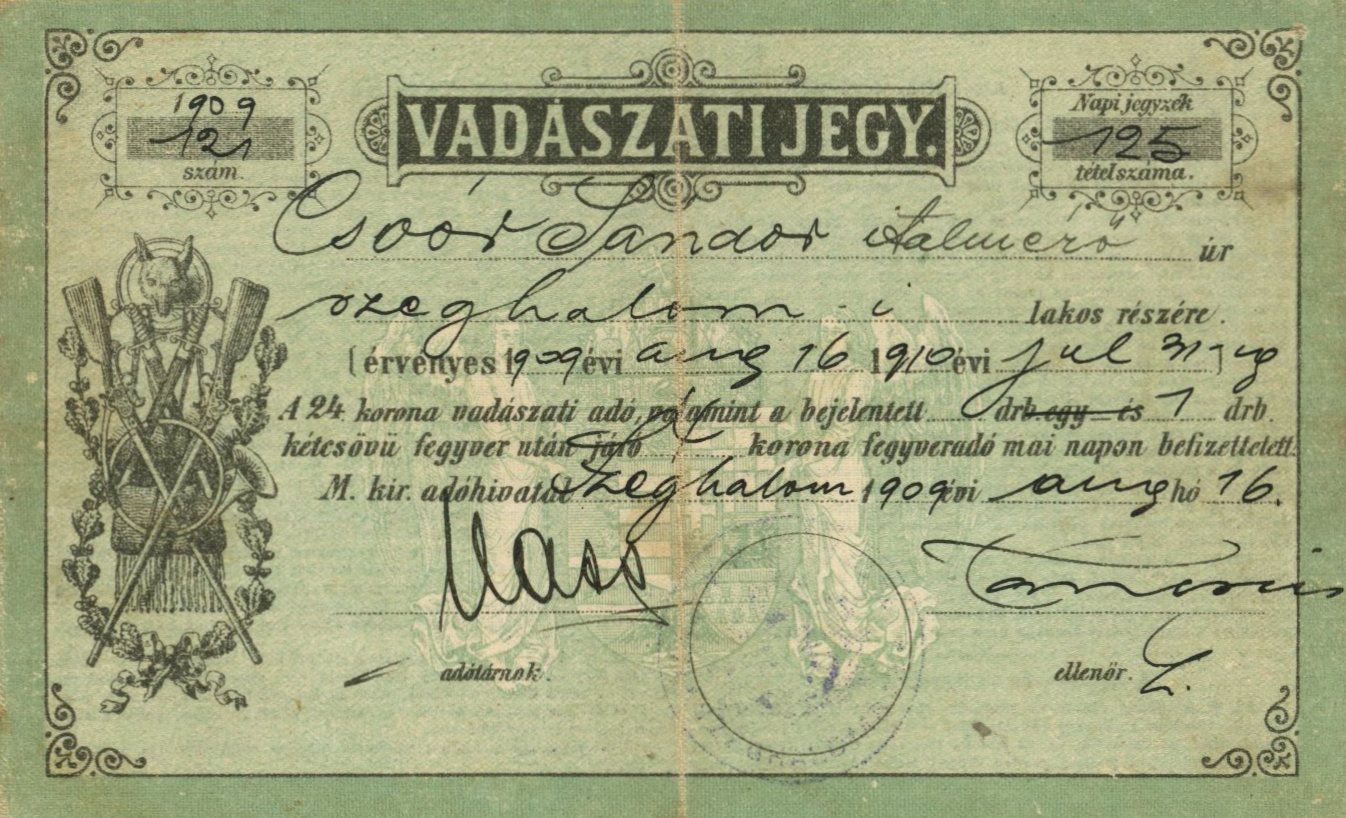 Vadászati jegy (Erkel Ferenc Múzeum CC BY-NC-SA)