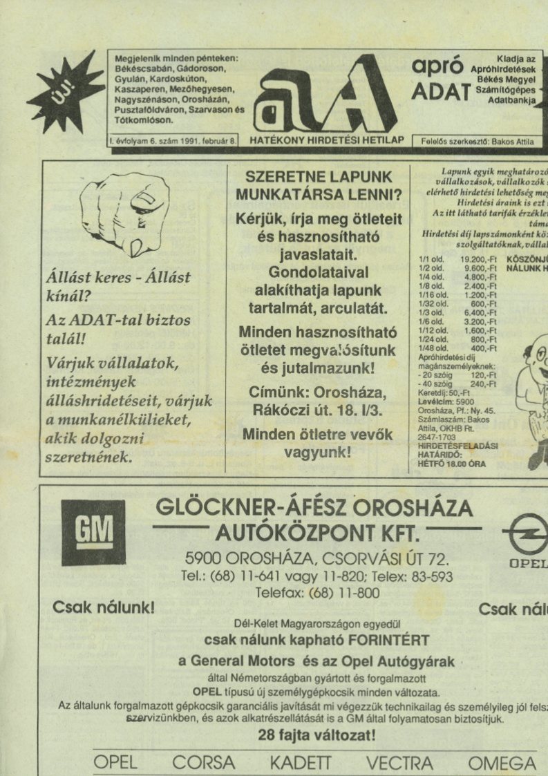 Reklámújság : Apró Adat (Erkel Ferenc Múzeum CC BY-NC-SA)