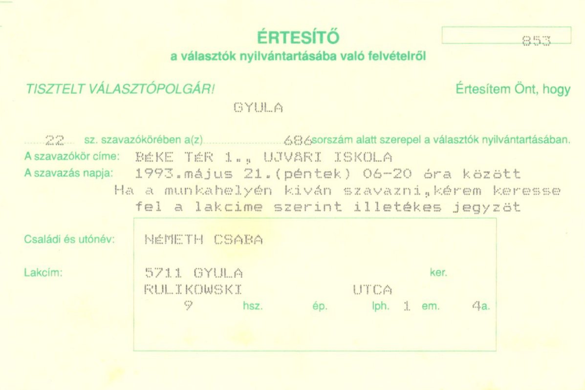 Értesítő , választási nyílvántartásba vételről (Erkel Ferenc Múzeum CC BY-NC-SA)