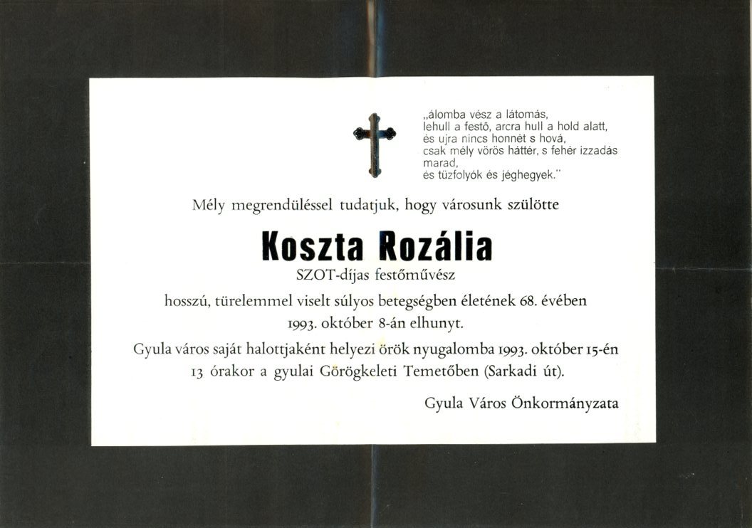 Gyászjelentés : Koszta Rozália (Erkel Ferenc Múzeum CC BY-NC-SA)