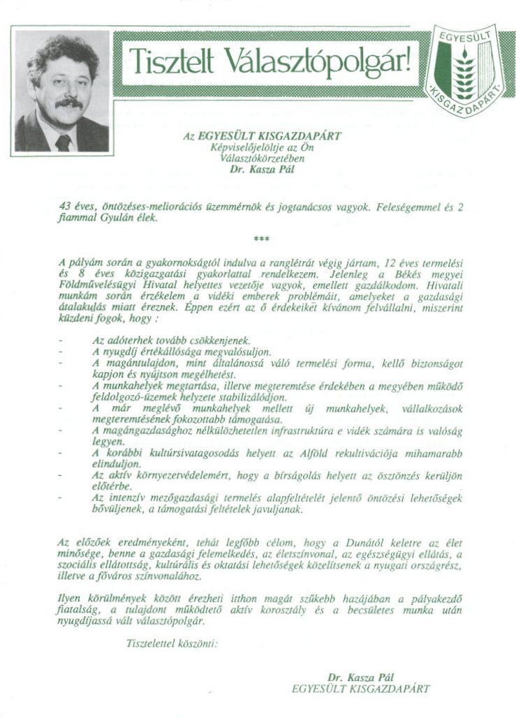 Kasza Pál Egyesült Kisgazda párti képviselő programja (Erkel Ferenc Múzeum CC BY-NC-SA)