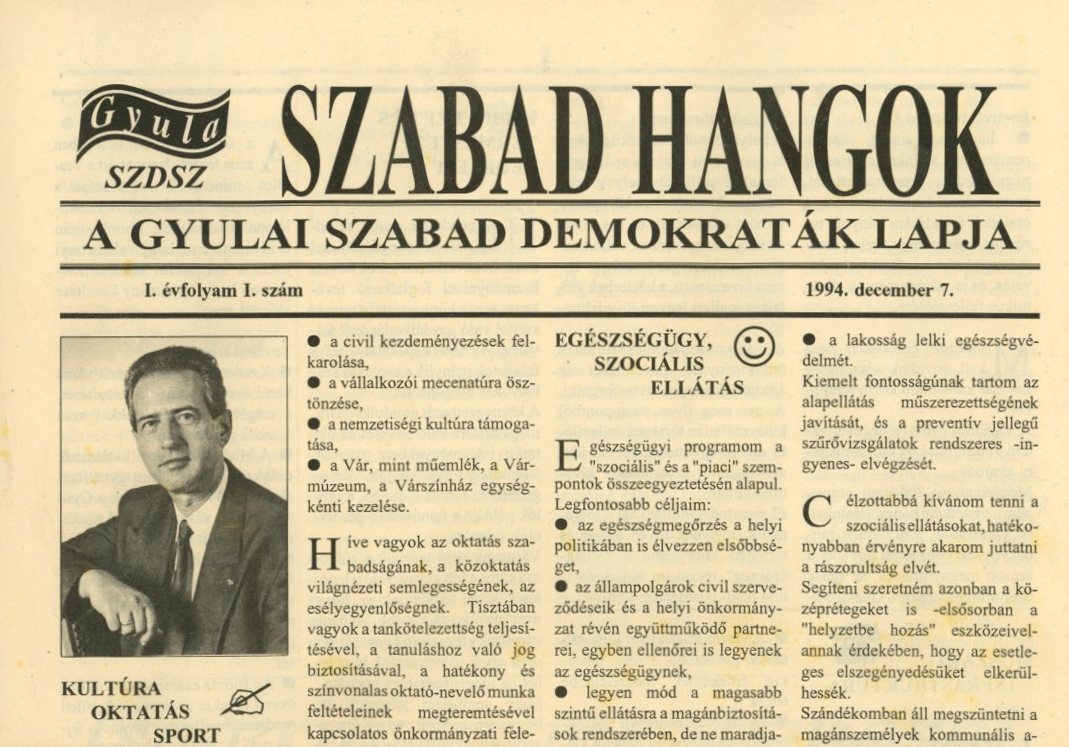 Újság : Szabad Hangok . A gyulai SZDSZ időszaki lapja (Erkel Ferenc Múzeum CC BY-NC-SA)