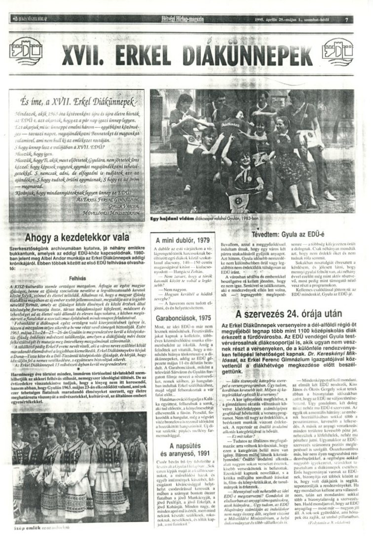 Békés Megyei hírlap EDÜ száma : 1995 május 1. (Erkel Ferenc Múzeum CC BY-NC-SA)