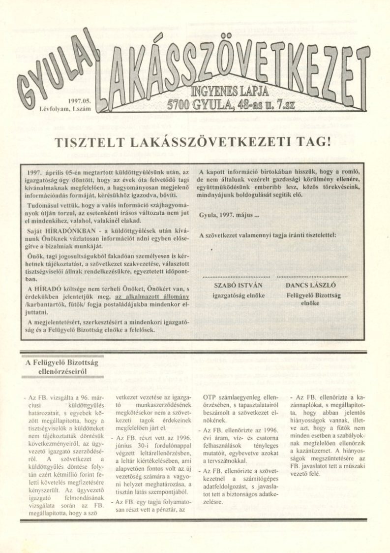 Újság : Gyulai Lakásszövetkezet (Erkel Ferenc Múzeum CC BY-NC-SA)