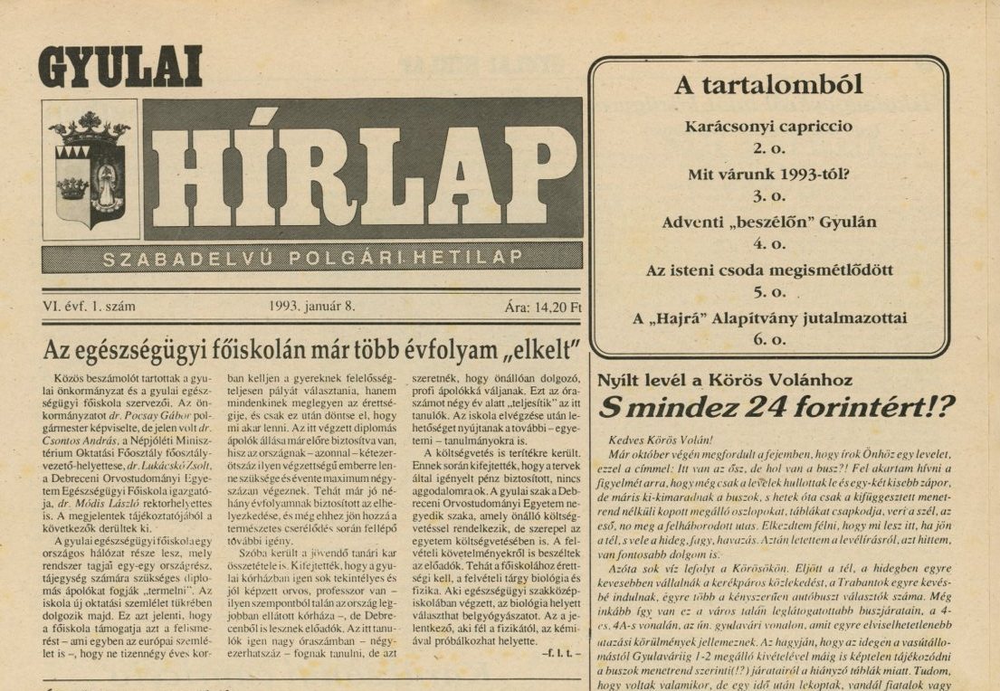 Újság : Gyulai Hírlap 1993 , 1992 (Erkel Ferenc Múzeum CC BY-NC-SA)