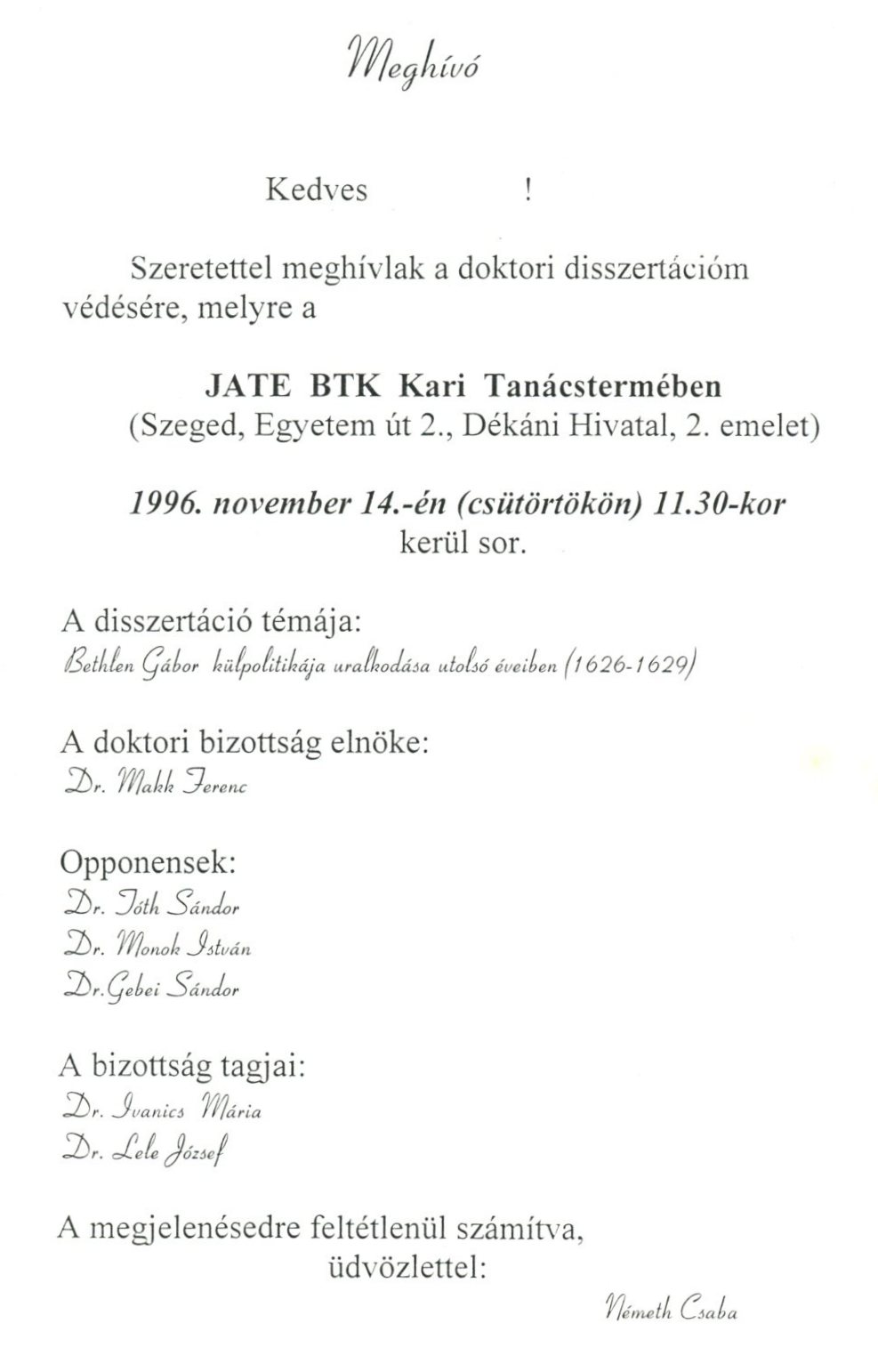 Meghívó doktori disszertáció védésére (Erkel Ferenc Múzeum CC BY-NC-SA)
