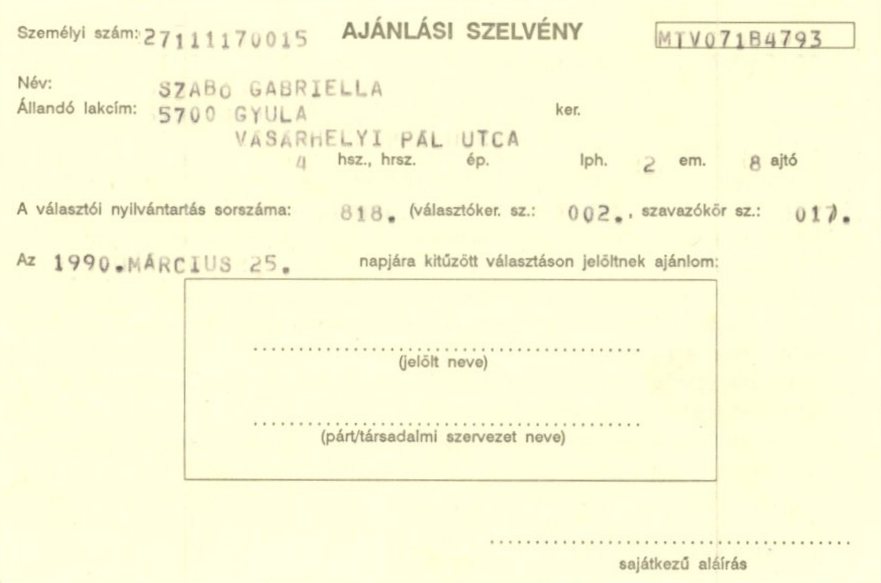 ajánlási szelvény (Erkel Ferenc Múzeum CC BY-NC-SA)
