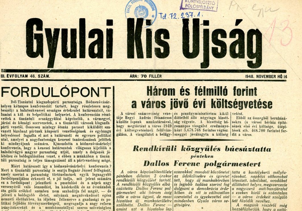 újság : Gyulai Kis Újság       2 példány (Erkel Ferenc Múzeum CC BY-NC-SA)