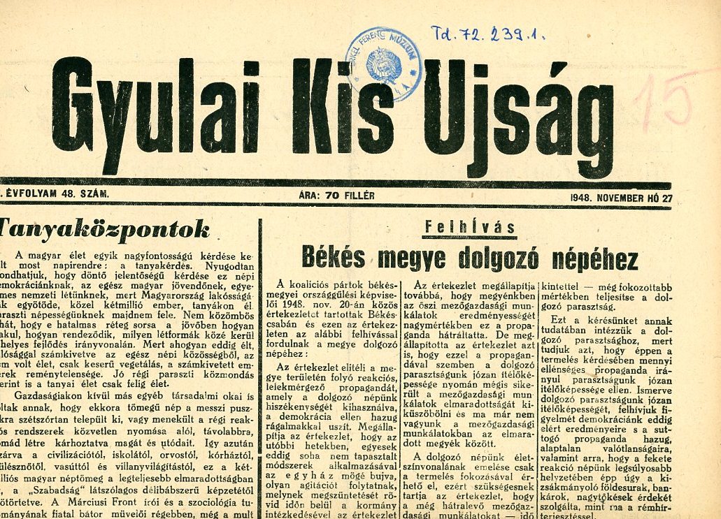 újság : Gyulai Kis Újság       2 példány (Erkel Ferenc Múzeum CC BY-NC-SA)