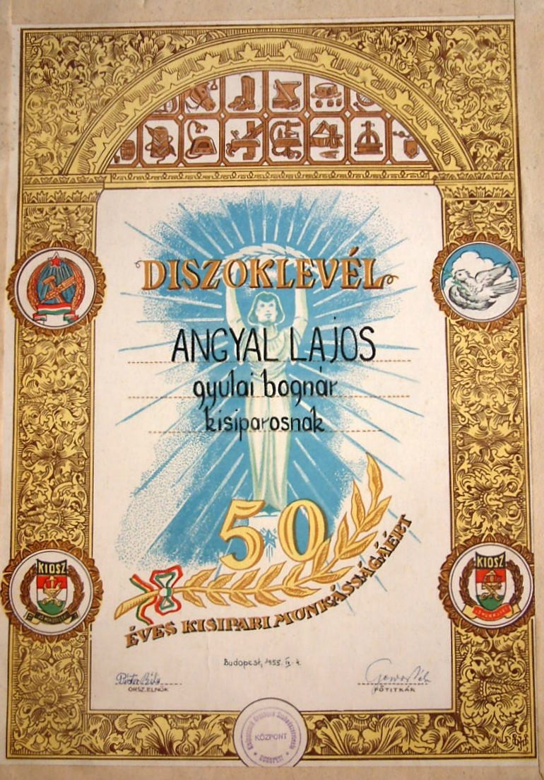 Díszoklevél 50 éves kisiparos munkásságért (Erkel Ferenc Múzeum CC BY-NC-SA)